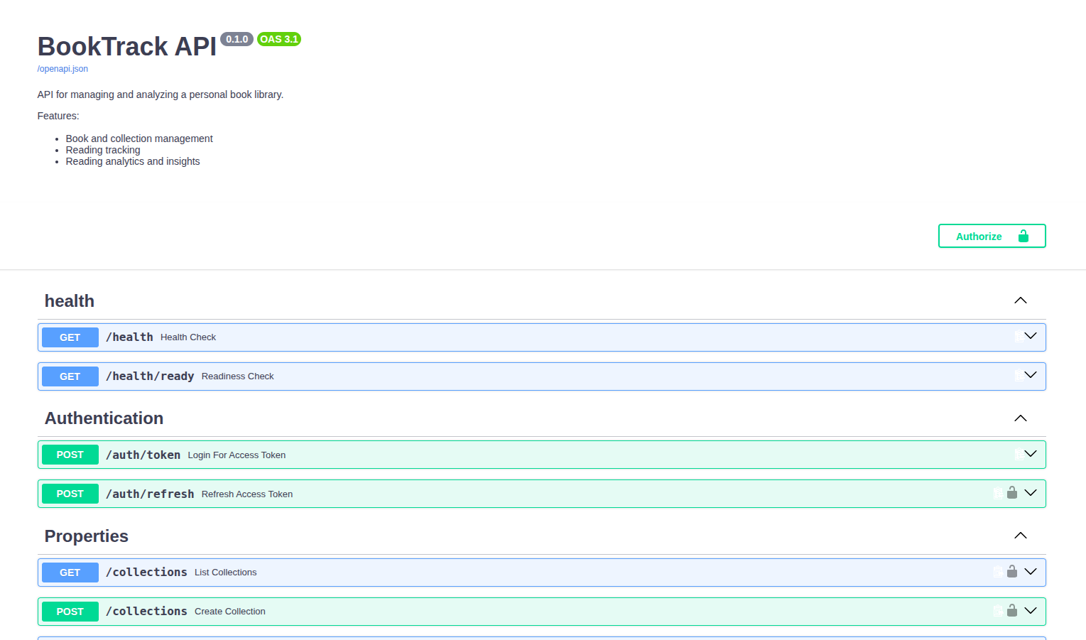Swagger UI da API BookTrack mostrando os endpoints documentados